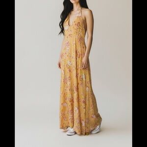 Showpo Yellow & Orange Floral Babydoll Flowy Halter Maxi Dress Women's 8